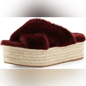 Miu Miu Burgundy Fur Crisscross Espadrille Platform Slides 41
